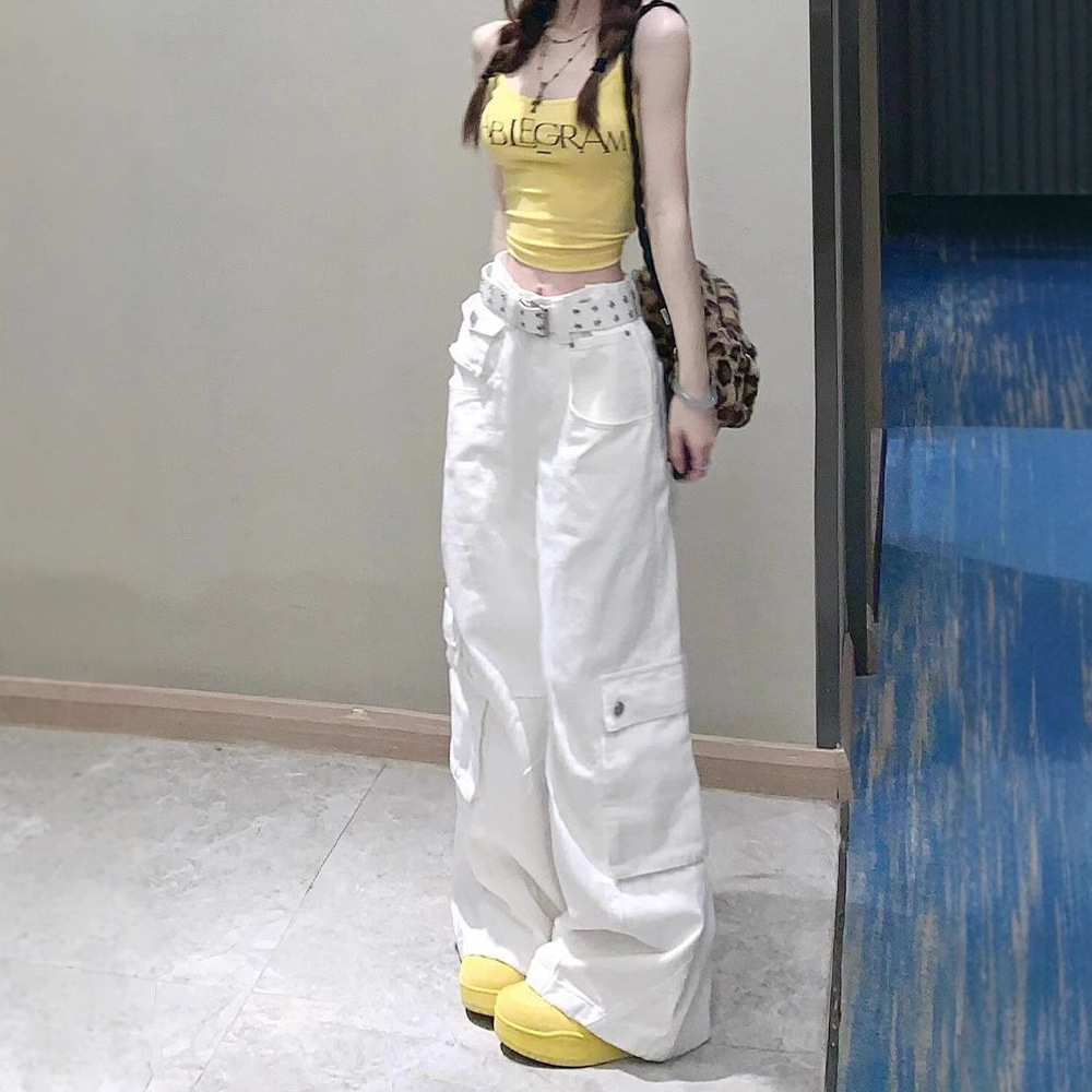 美式重工多口袋白色工装裤女2025春季新款宽松阔腿显瘦直筒