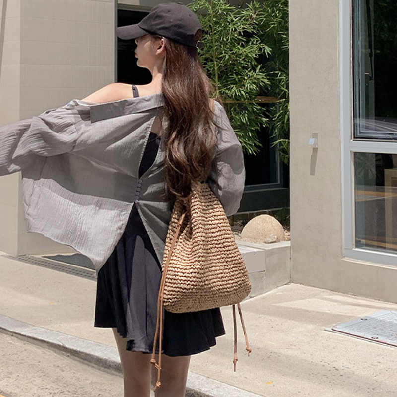 韩国东大门DF潮牌同款夏季拉菲草大容量编织包通勤度假单肩包