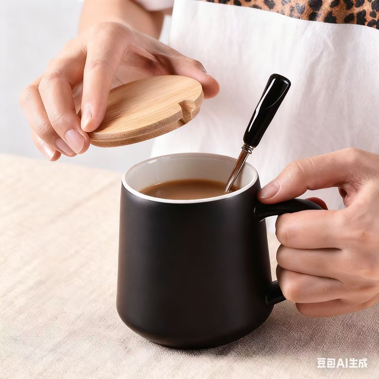 陶瓷咖啡杯带盖勺简约大容量