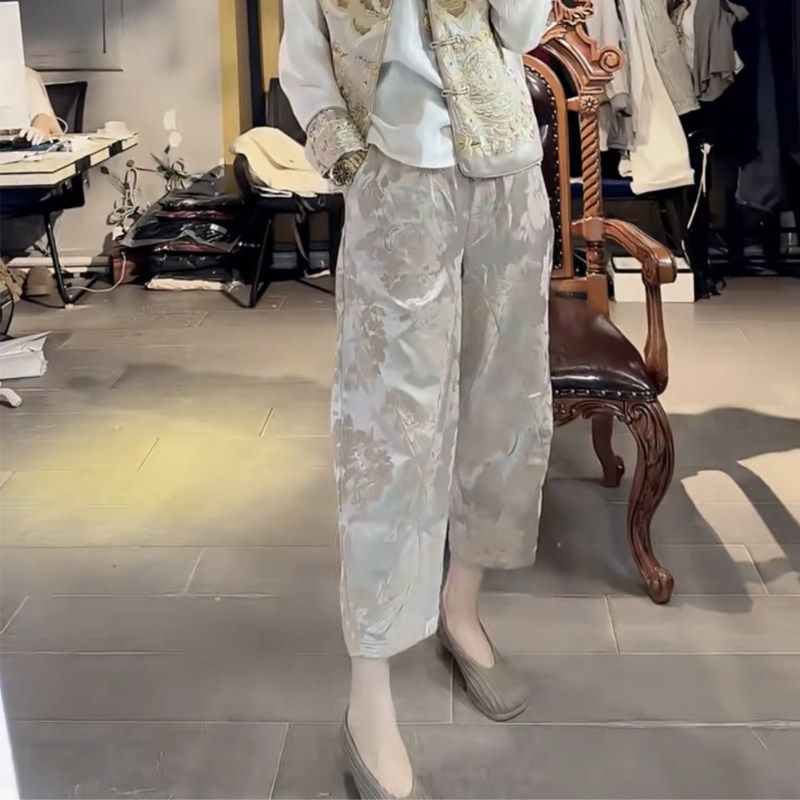 中式国风提花裤女松紧高腰2025年春夏新款宽松遮肉气质九分哈伦裤