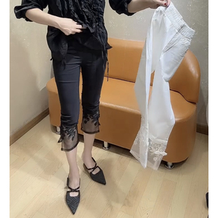休闲裤 春夏新款 显瘦修身 女七分裤 松紧腰蕾丝刺绣拼接微喇叭纸皮裤