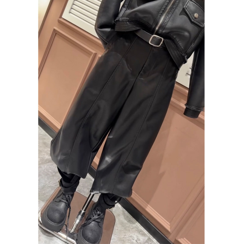 欧货春秋通勤风竖线阔腿裤女黑色宽松显瘦九分pu皮裤百搭直筒裤子