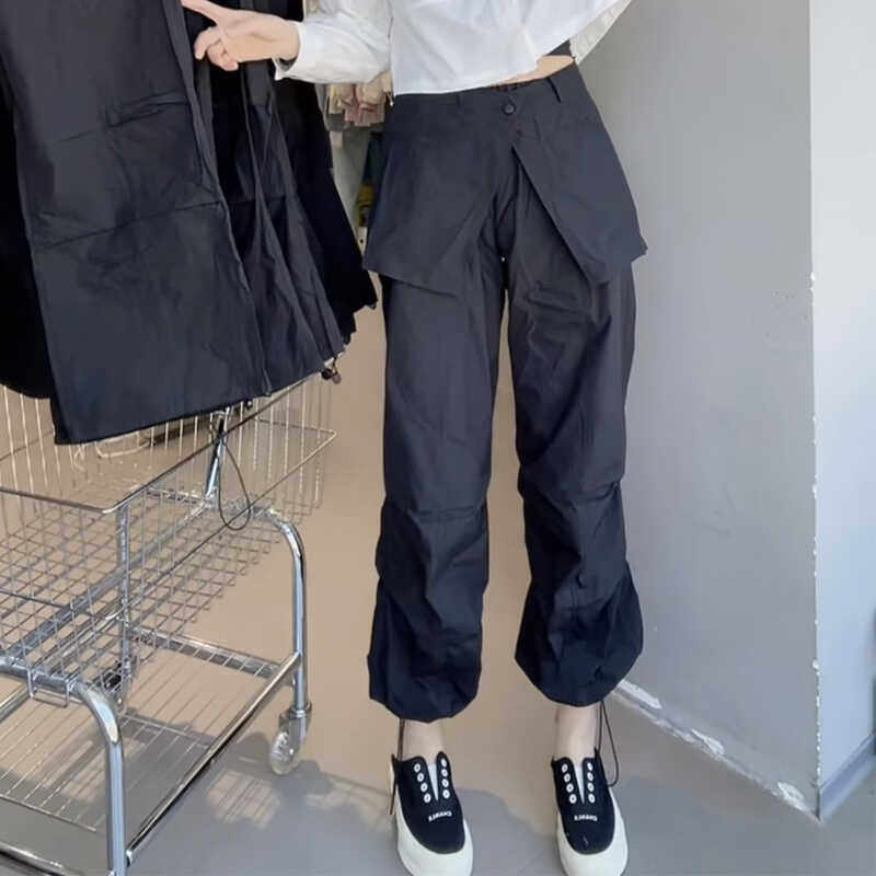 夏季美式复古辣妹工装裤女宽松假两件围裙裤显瘦百搭束脚哈伦裤潮