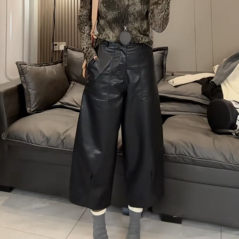 2025年秋冬新款黑色PU皮阔腿裤女高腰显瘦宽松洋气欧货九分直筒裤