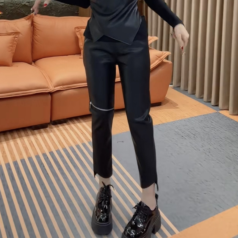 欧货秋冬新款黑色PU皮直筒裤女九分裤弹力显瘦百搭时尚休闲烟管裤