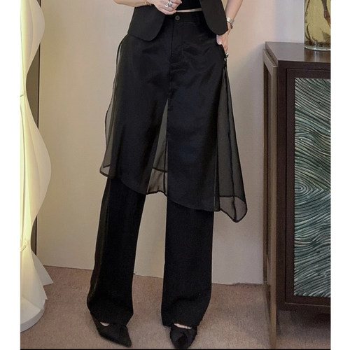 中高腰休闲风长裤拼纱