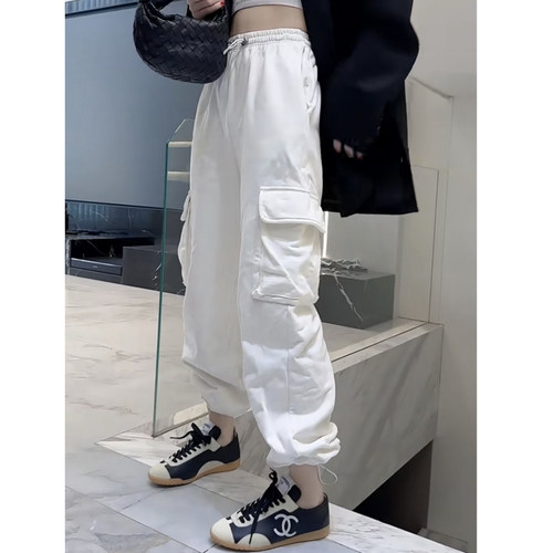 白色工装裤休闲口袋九分哈伦裤子