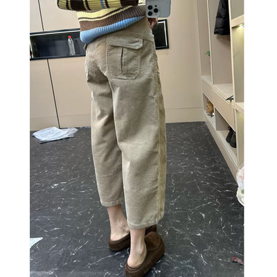灯芯绒阔腿裤后兜九分直筒裤子