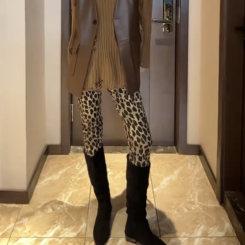 秋季新款豹纹牛仔裤女松紧腰弹力显瘦打底裤修身百搭时尚铅笔裤潮