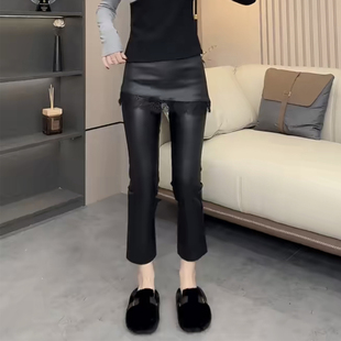 2025年秋冬新款蕾丝拼接假两件围裙涂层裤女宽松显瘦九分直筒裤子