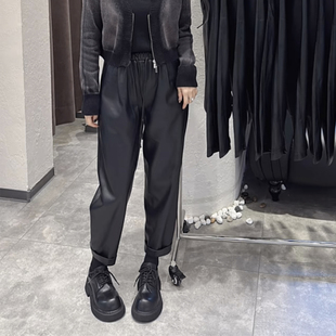 秋冬皮绳腰薄绒PU哈伦裤女后腿拼接豁口奶奶裤宽松显瘦休闲九分裤