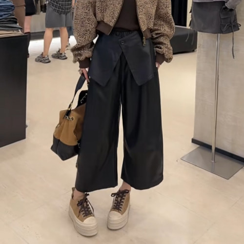 假两件PU皮阔腿裤女休闲九分裤子