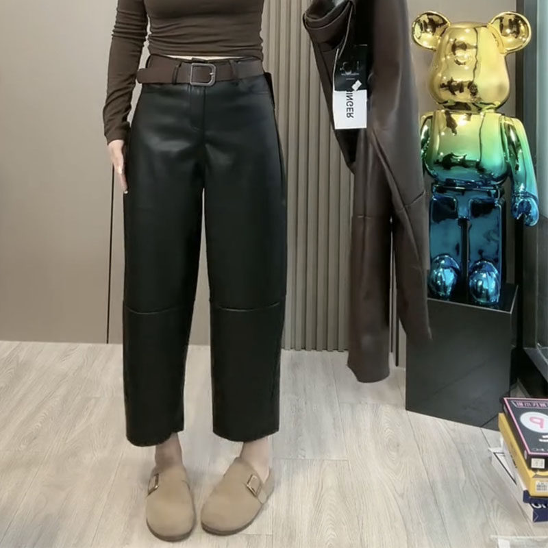 欧货2025年秋冬新款PU皮阔腿裤女弹力宽松显瘦百搭九分休闲直筒裤