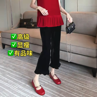 夏季新款金丝绒喇叭裤女弹力九分木耳边时尚松紧腰显瘦烟管裤女
