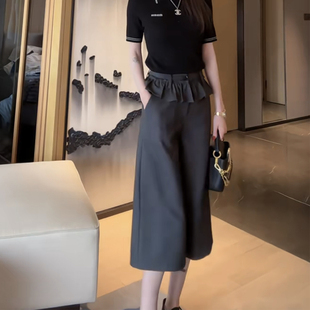 子 女宽松显瘦优雅蓬蓬裙腰八分阔腿裤 2026春夏新款 气质花边休闲裤