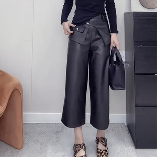 气质宽松百搭七分休闲直筒裤 2025秋季 女时尚 假两件阔腿PU皮裤 新款