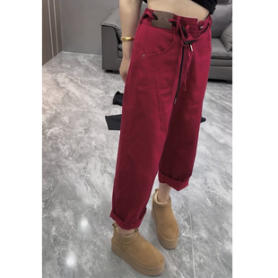 老爹裤 欧货秋冬新款 显瘦时尚 女宽松百搭九分裤 红色腰绳哈伦牛仔裤