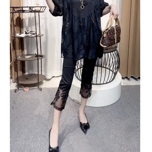 女松紧腰弹力显瘦国风盘扣直筒打底裤 欧货拼接蕾丝纸皮裤 新款 夏季