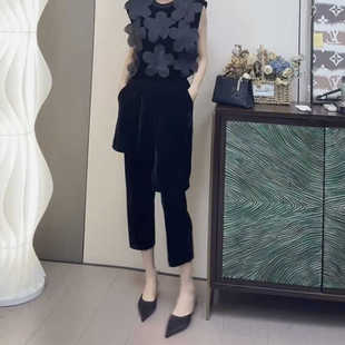 欧货春秋设计感丝绒围裙女松紧腰弹力百搭显瘦不规则七分直筒裤裙