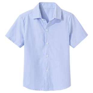 儿童装短袖蓝色紫色衬衫男童竖条纹衬衣校服半袖学院装寸衫中大童