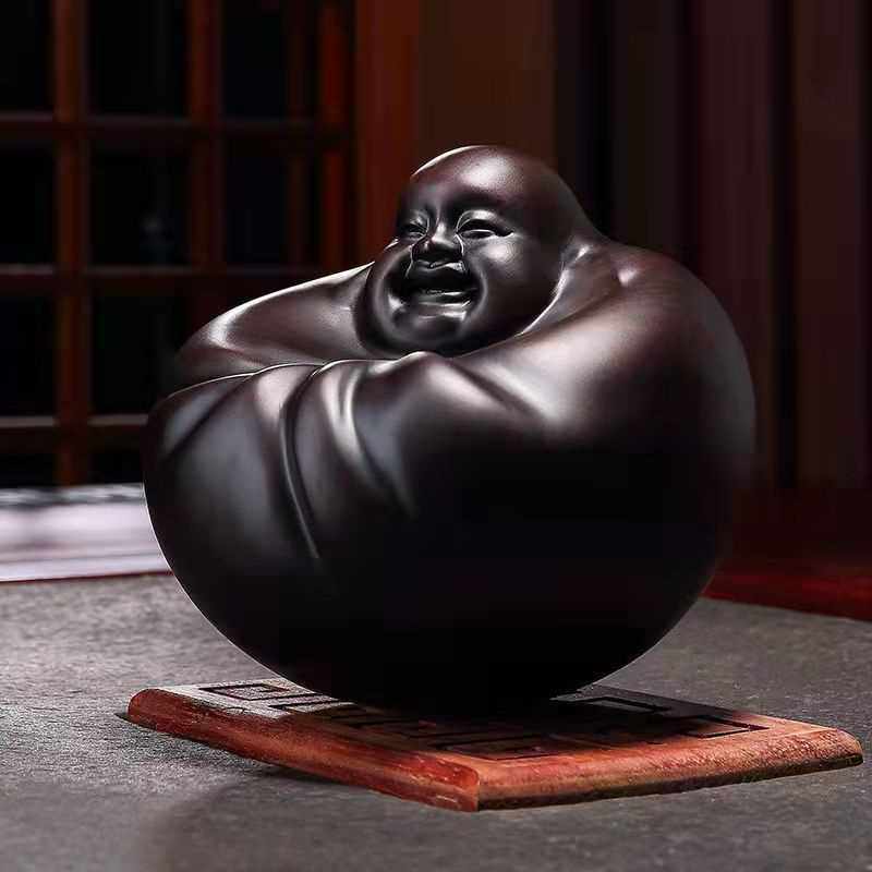 黑檀不倒翁弥勒佛木雕圆形佛摇钱佛木头雕刻球形佛祖工艺礼品摆件