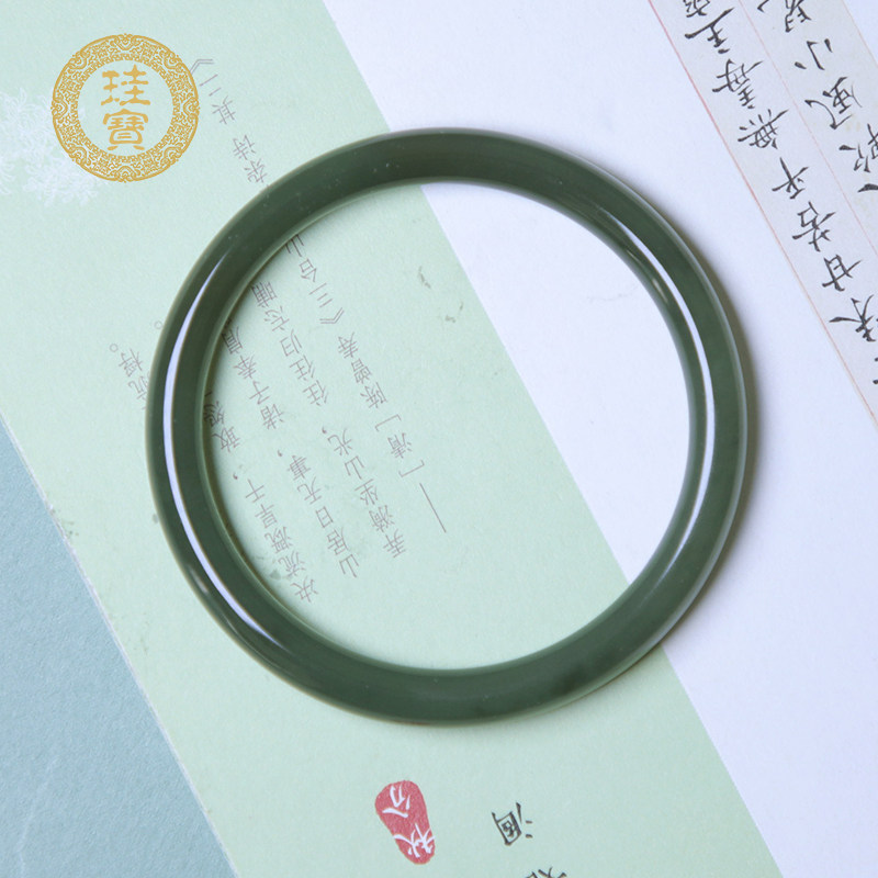 珪宝和田玉湖水绿细圆条手镯女士深色玉镯子圈口62mm送妈妈0513