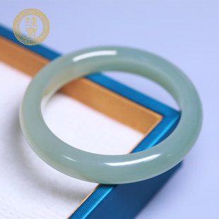 珪宝55mm和田玉绿晴宽条手镯女款玉镯子天然玉石带证书送女生0460