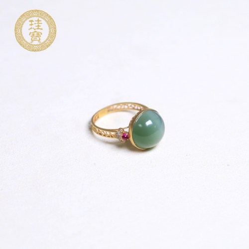和田玉碧玉猫眼18K金戒指17.5mm
