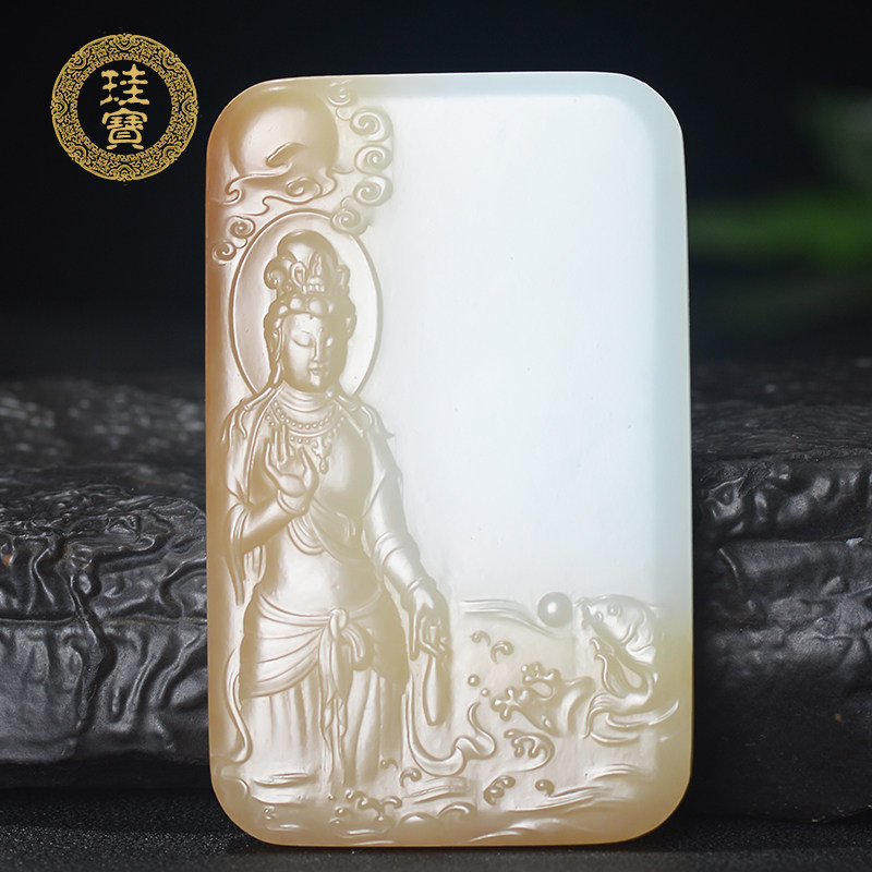 珪宝新疆和田玉糖羊脂白玉观音吊坠男士玉牌玉佩挂件天然玉石玉坠