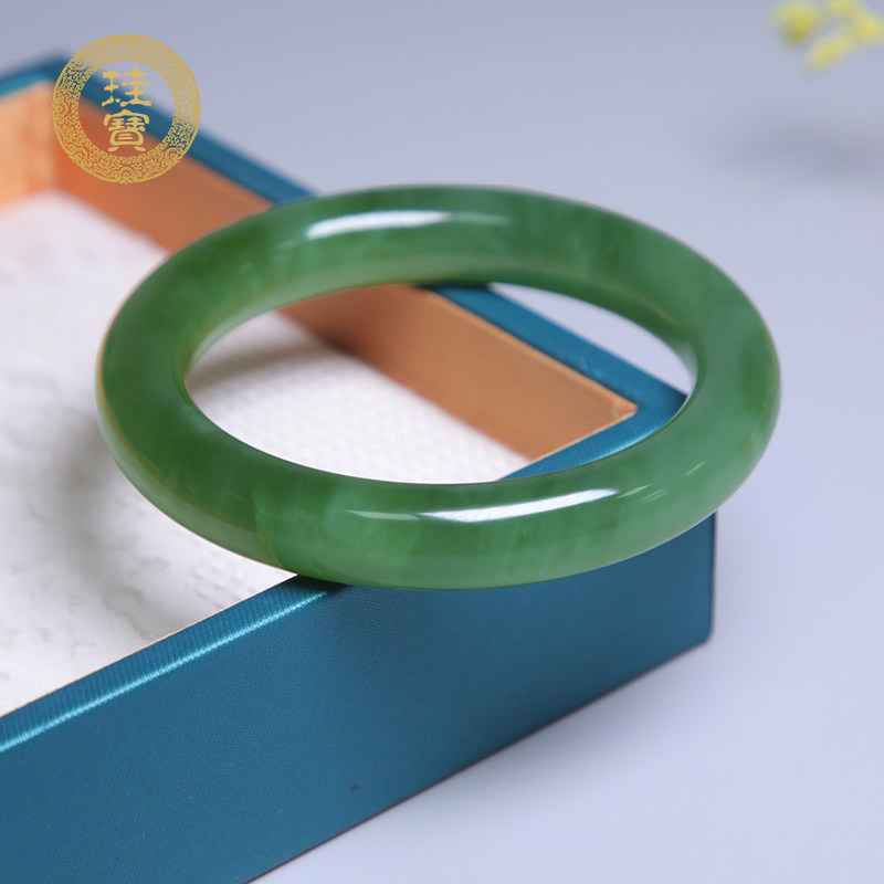 珪宝和田玉碧玉胖圆条手镯女款玉镯子天然圈口56.5mm送女友带证书