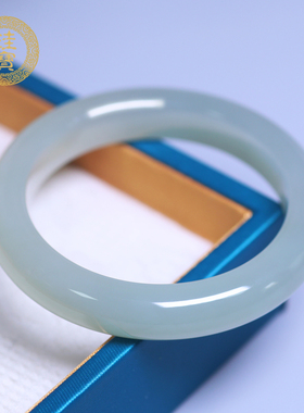 珪宝56.7mm和田玉青白玉宽条手镯女款玉镯子天然带证书送女生2960