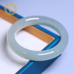 珪宝56.7mm和田玉青白玉宽条手镯女款玉镯子天然带证书送女生2960