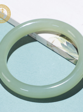 珪宝和田玉青白玉宽条手镯天然玉石镯子女款正圈平安镯57.3mm2631