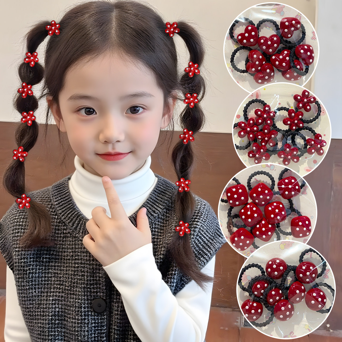 红色波点拇指发圈儿童扎小揪揪头绳皮筋宝宝女童头饰高弹力不伤发