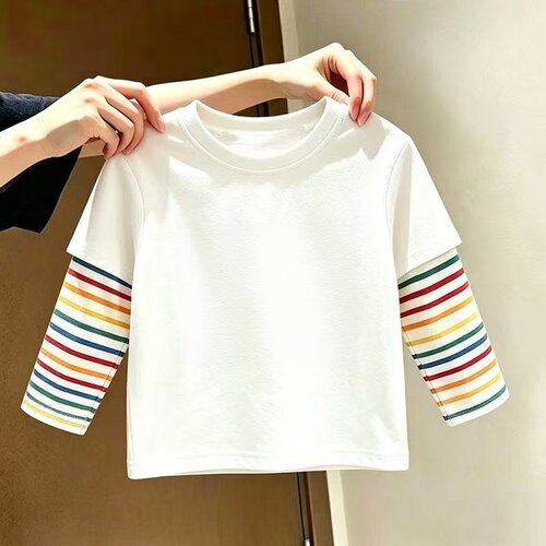 【220克100%棉】男女童假两件彩虹条纹打底（索罗娜领）