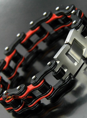 欧美不锈钢钛钢男士单车手链情侣时尚百搭个性机车链摇滚风格红黑