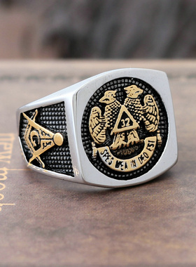 欧美风男士共济会双头鹰钛钢戒指