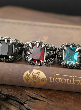 朋克风龙爪钛钢防身黑红火焰戒指