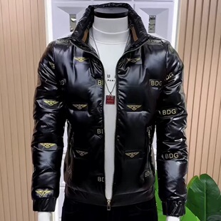 轻熟风亮面免洗棉衣男冬季高级感字母印花修身韩版潮牌棉服外套男