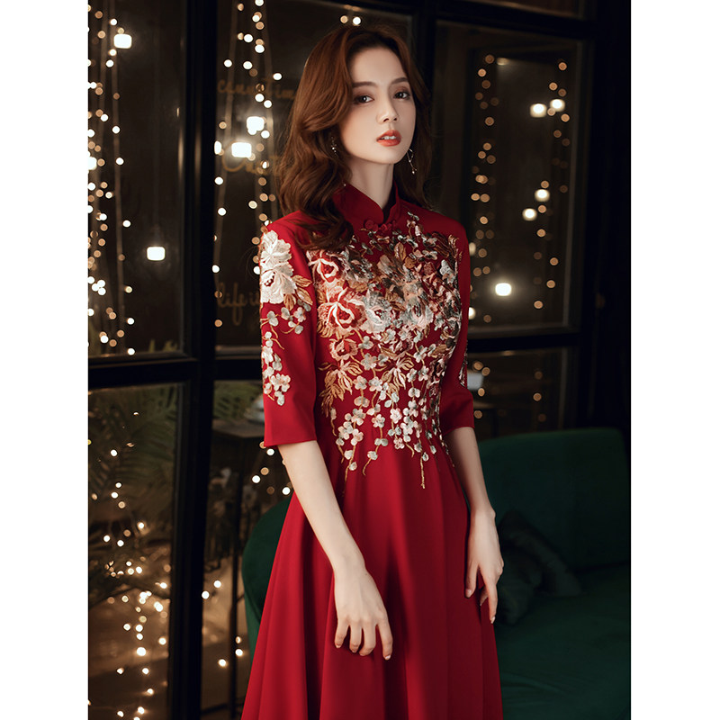 敬酒服新娘旗袍2020新款秋冬酒红色订婚礼服连衣裙中国风大气长袖