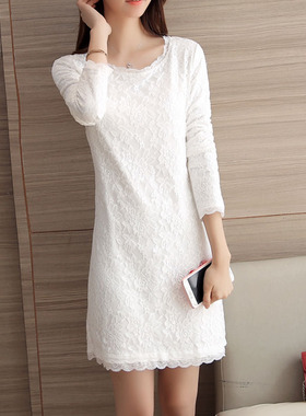 秋冬新款韩版加绒加厚蕾丝连衣裙中长款长袖蕾丝衫t恤保暖打底衫