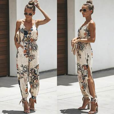 Backless Casual Deep-V Floral Print Strappy Jumpsuits Romper