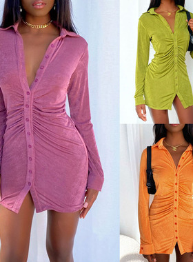 V-neck lapel long-sleeved hip skirtV领翻领长袖包臀裙单排扣女