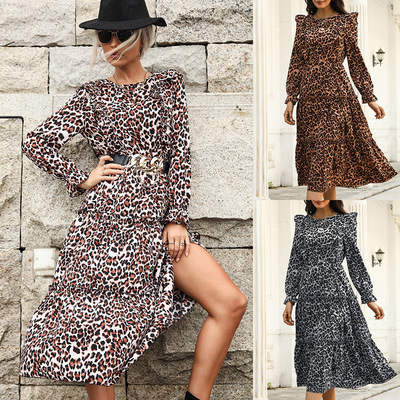 Leopard Print Ruffled Long Sleeve Dress豹纹荷叶边连衣裙女式