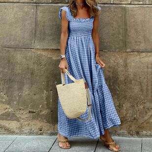 hem Collage large suspender dres拼贴格子吊带大摆连衣裙 plaid