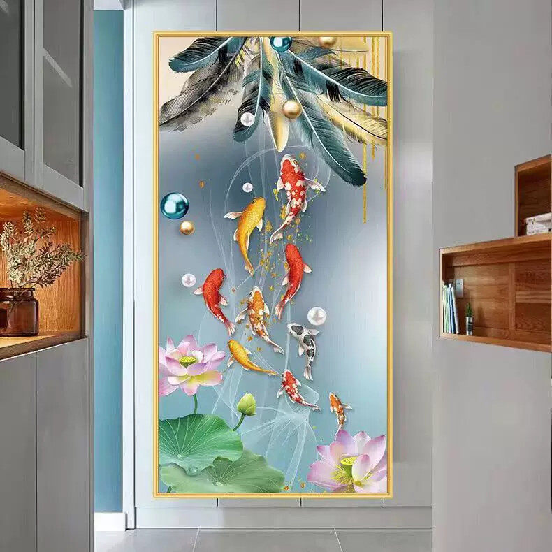 钻石贴画竖版荷花九鱼图钻石画十字绣玄关2026新款客厅手工粘画5d
