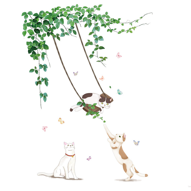 3D绿藤秋千猫咪墙贴墙纸房间布置背景墙壁纸贴纸自粘卧室墙面装饰