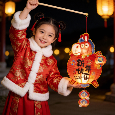 新年儿童手提灯笼元宵节马年幼儿园手工diy2026新款过年发光花灯