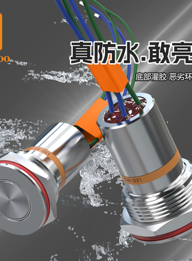 蓝波19F1金属按钮开关底部灌胶带线款防水IP67三色带灯19mm