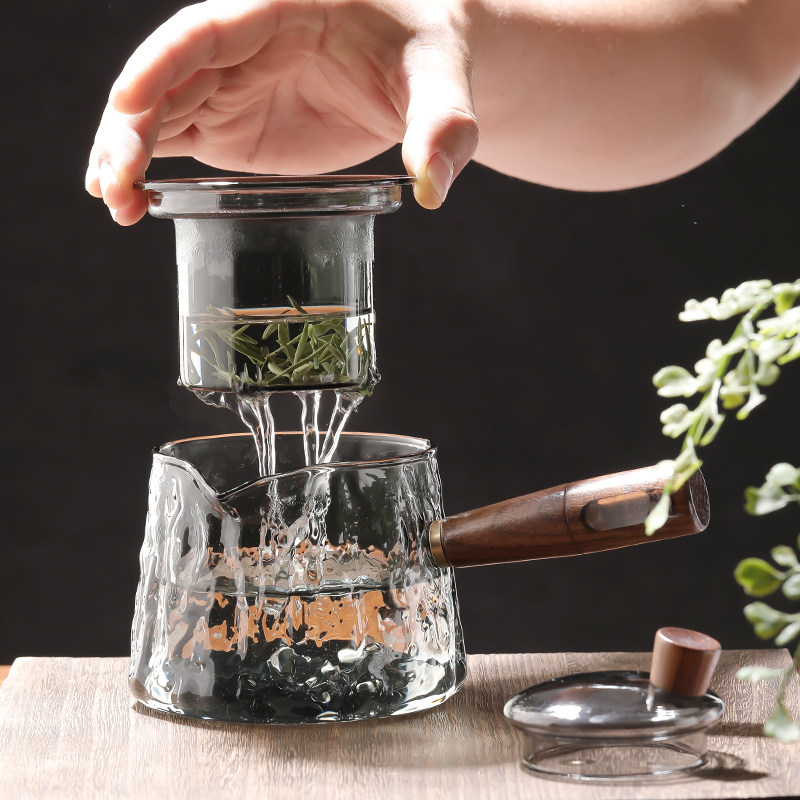 锤纹侧把玻璃煮茶壶加厚带过滤茶水分离泡沏茶茶壶耐高温家用墨色